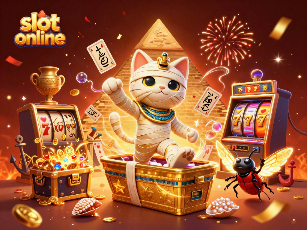 Experience the thrill of slot online with a 3D illustration of an Egyptian mummy cat in a casino scene.