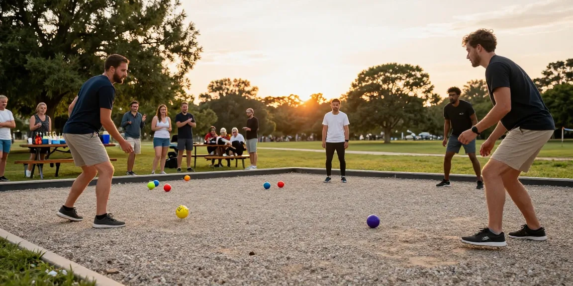 Permainan petanque yang menarik di fopikotapontiana.org saat senja, menampilkan pemain beragam latar belakang.