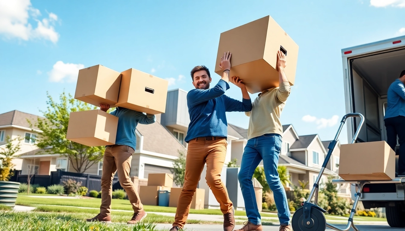 Toronto movers expertly carrying boxes during a cheerful residential move in a vibrant neighborhood.