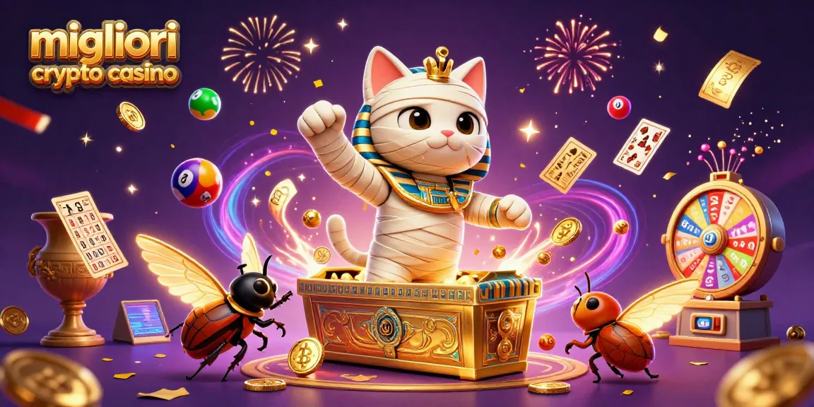Scopri i migliori crypto casino con un mummia egiziana e simboli di Bitcoin in un'illustrazione vibrante.