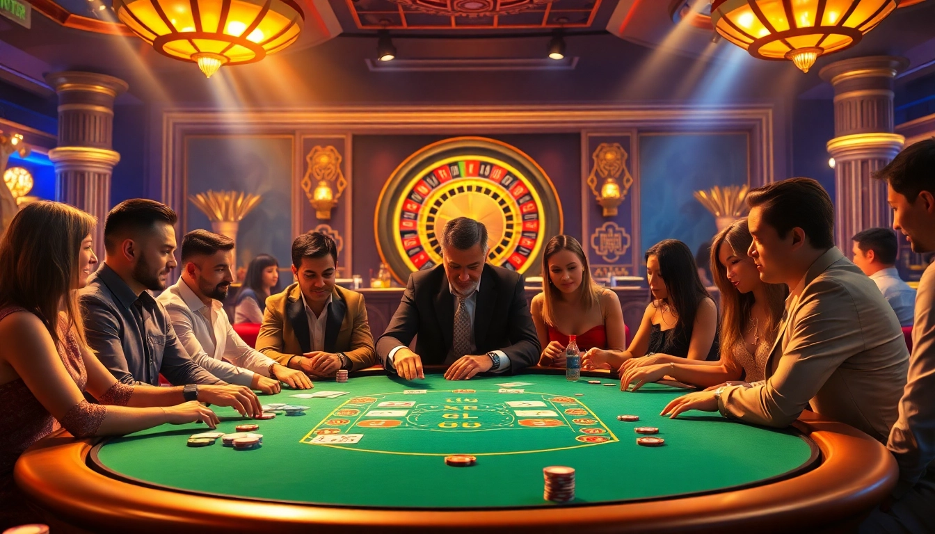 Nếu như vậy bám vào đây at an exciting casino poker table with vibrant lights and engaged players.