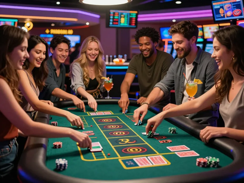 C168 gambling experience with friends at a modern casino table, showcasing excitement, gaming elements, and vibrant atmosphere.