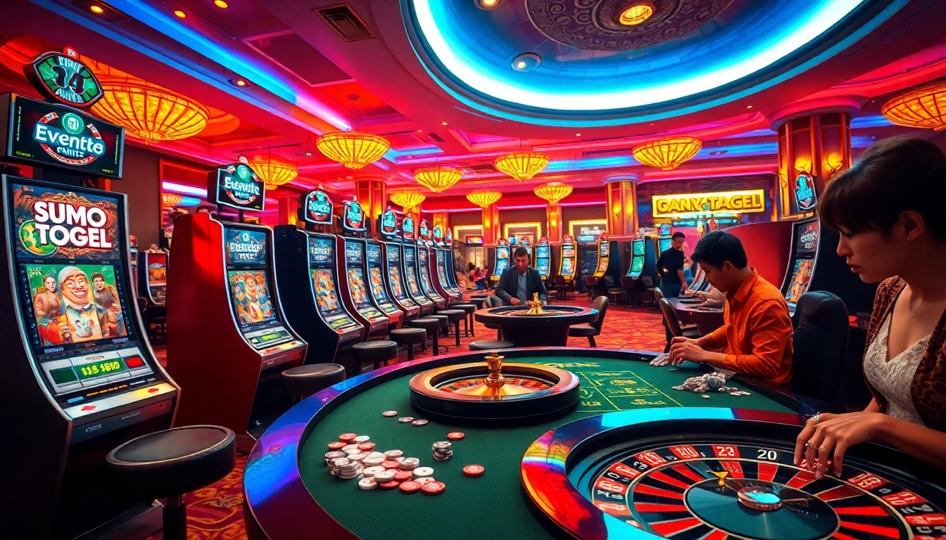 Rasakan kegembiraan Sumo Togel di kasino yang hidup penuh mesin slot berwarna-warni dan chip poker.