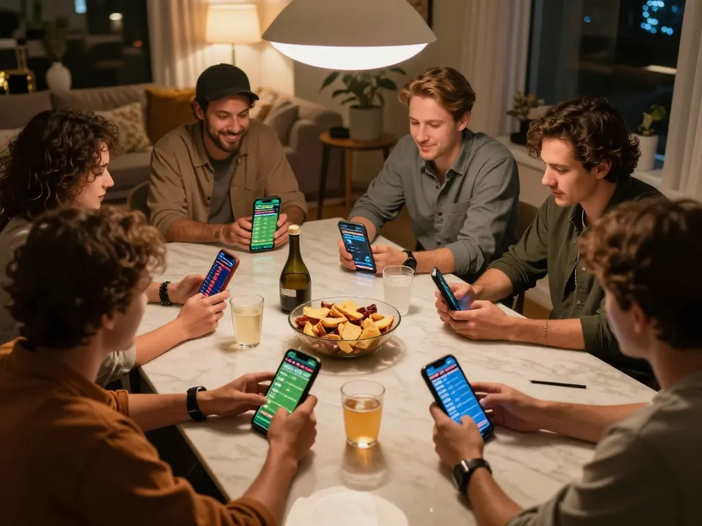 Participants engaging in sports betting at home with f168 apps prominently displayed on smartphones.