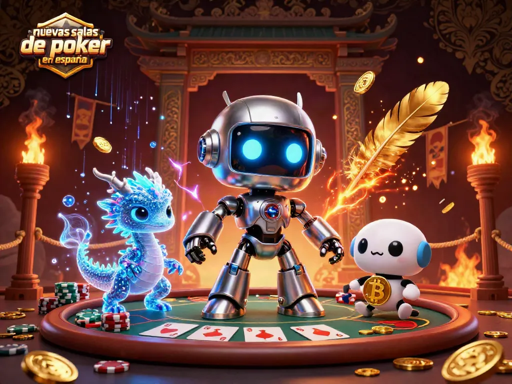 Juega en las nuevas salas de poker online en España rodeado de fichas y personajes vibrantes.