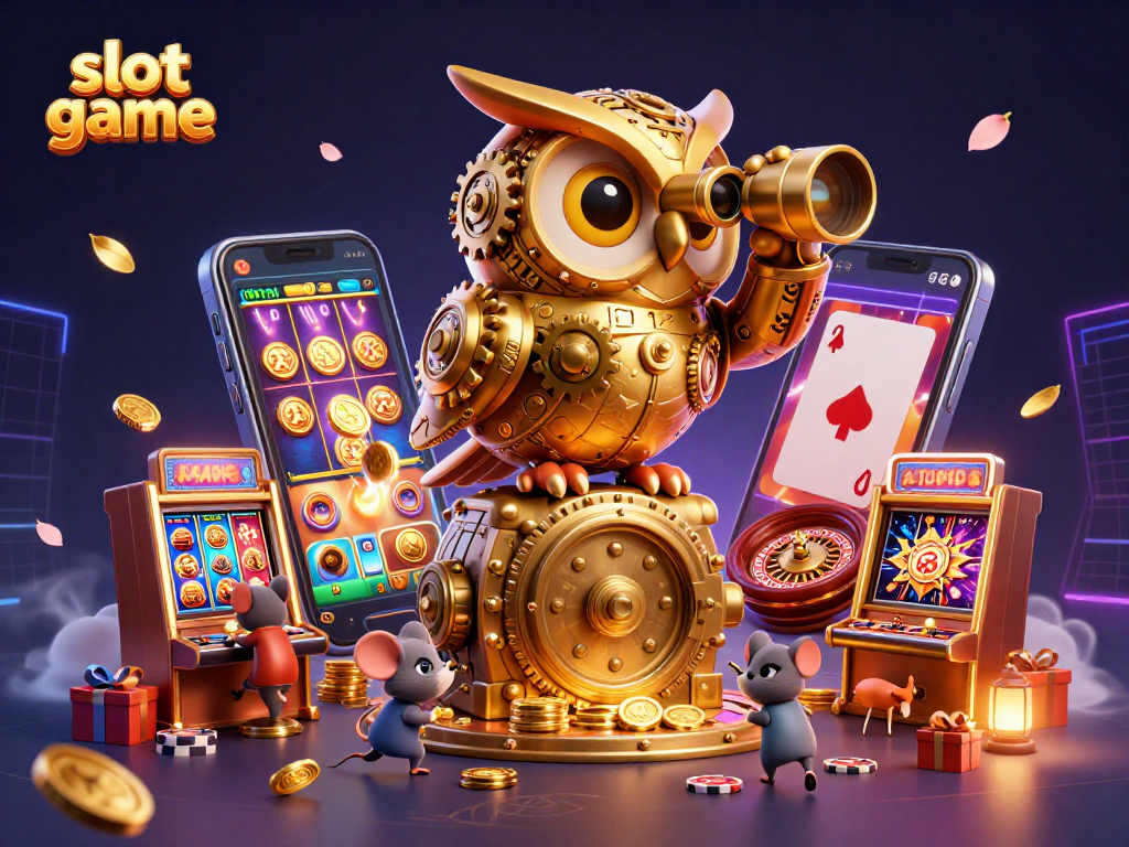 Engage in an exciting slot game with a dynamic scene featuring an owl and animated casino elements.
