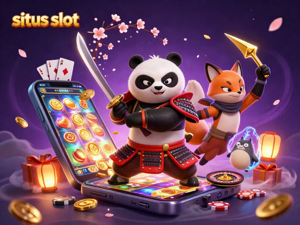 Engage with situs slot action in a vivid 3D illustration featuring samurai panda, ninja fox, and a magical tanuki.