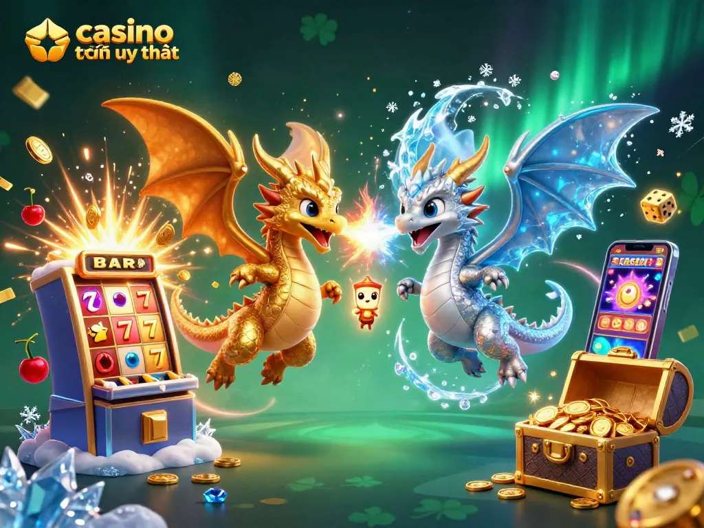 Chơi tại casino trực tuyến uy tín với hình ảnh rồng và máy slot tràn đầy vàng.
