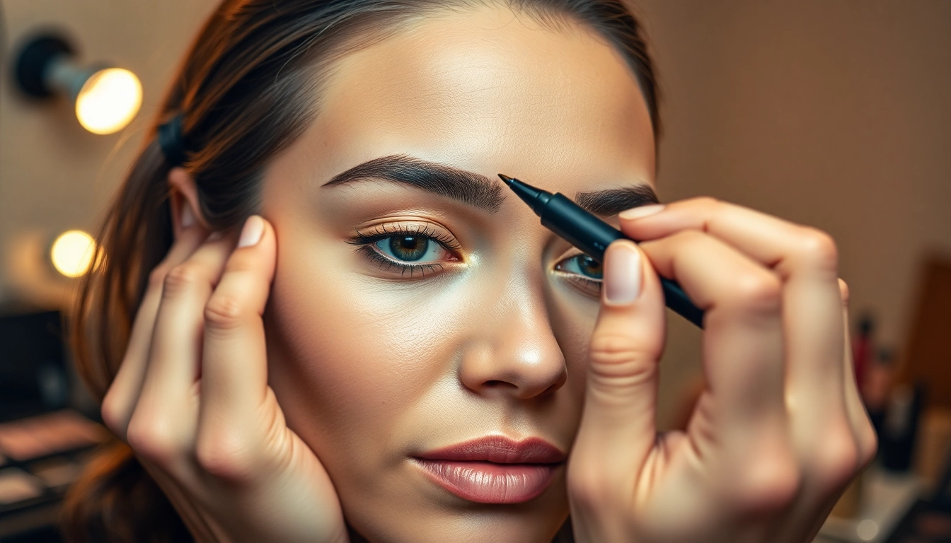Creating flawless eyebrows with a brow pen during a professional makeup session.