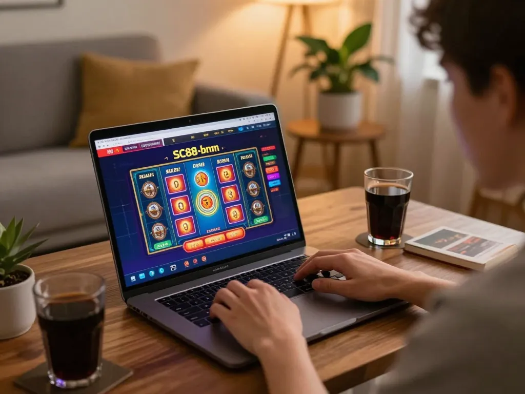 Engaging online casino gaming session on SC88-bm laptop with vibrant graphics and warm ambiance