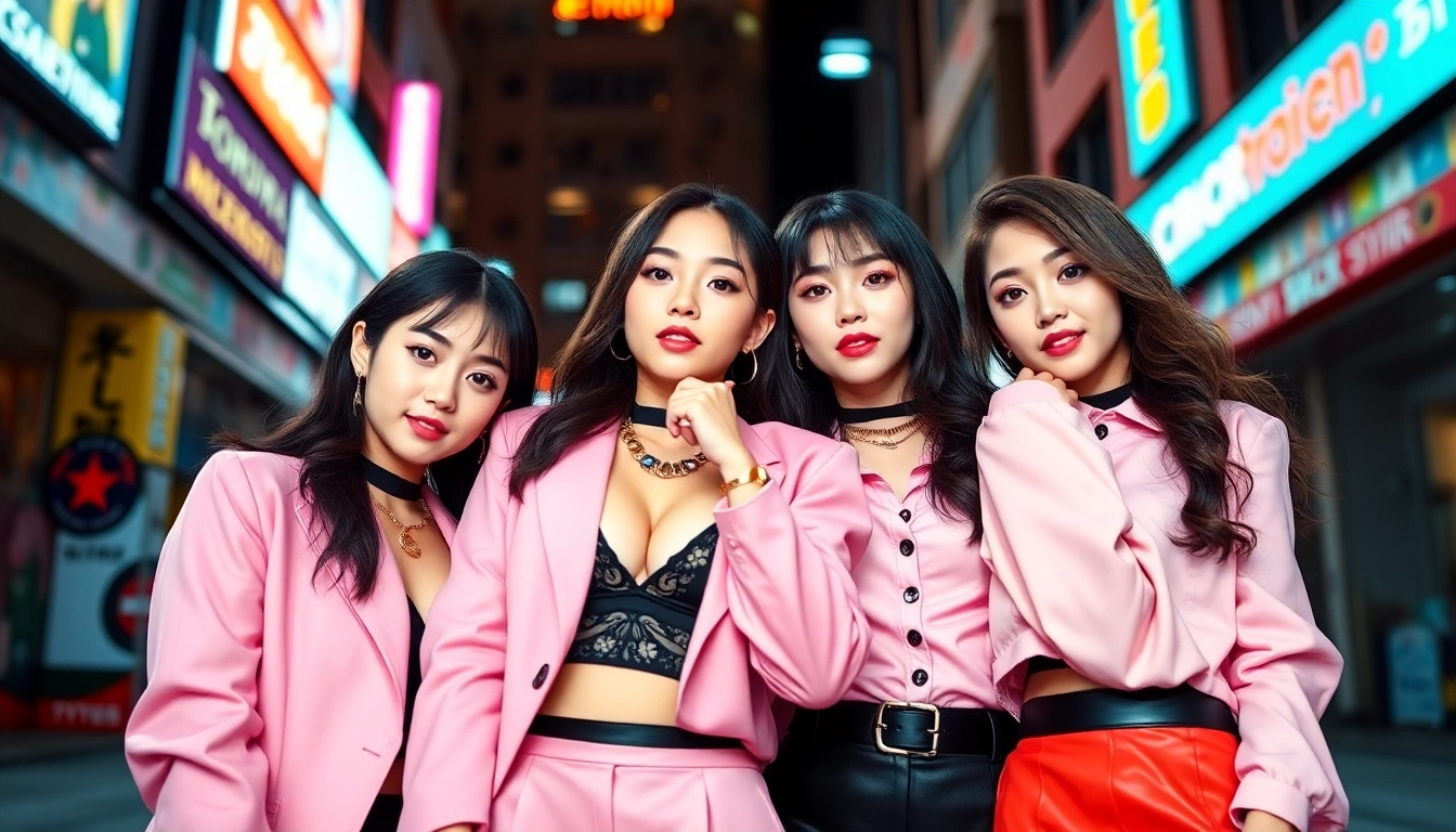 Blackpink members posing stylishly in colorful outfits, showcasing their unique personalities.