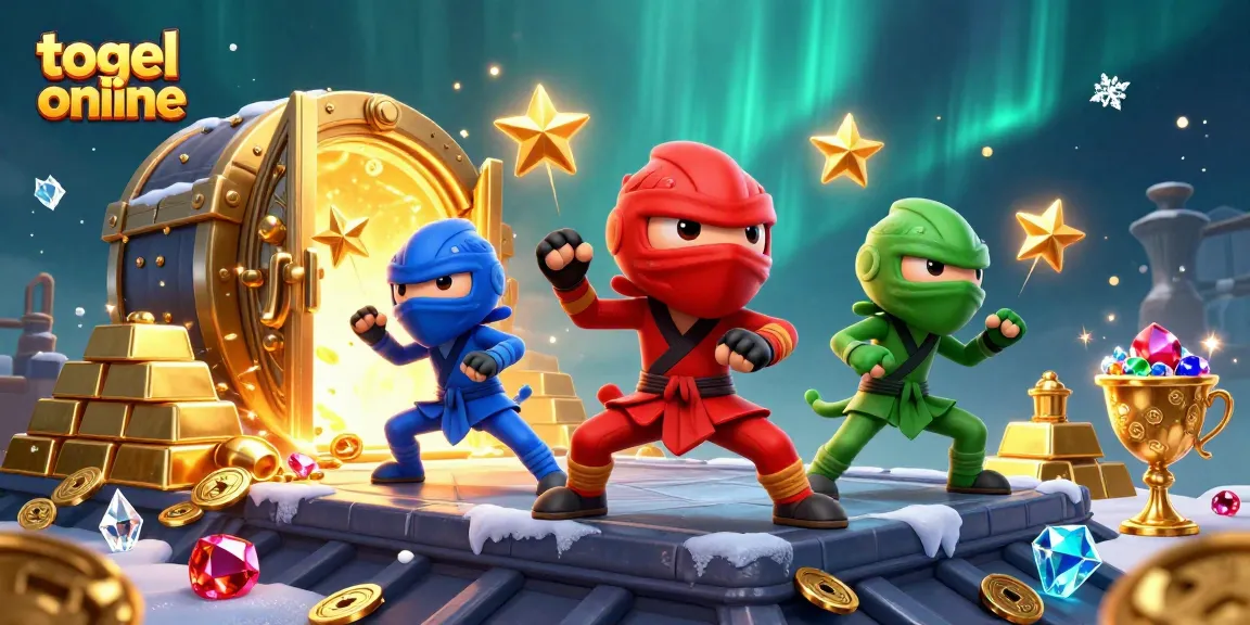 Engage in togel online action with vibrant chameleon ninjas amidst treasures and dazzling effects.