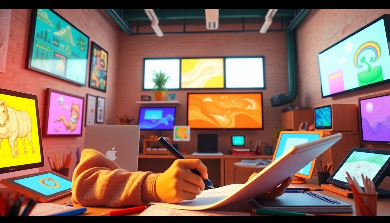 Erstellen Sie eine 2D Animation, während ein Künstler seine skizzen in einem lebendigen Studio bearbeitet.
