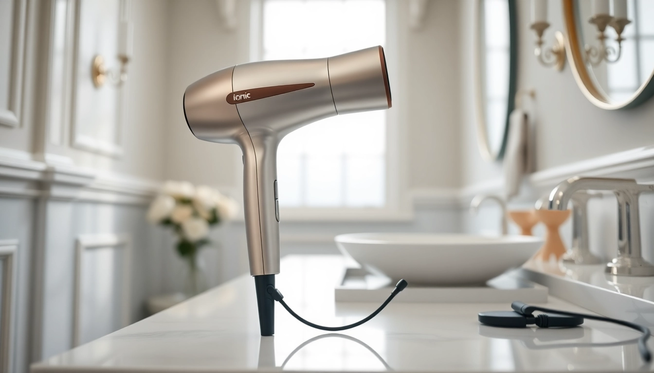 Using an Ionic hair dryer on a stylish vanity for a salon-quality experience.