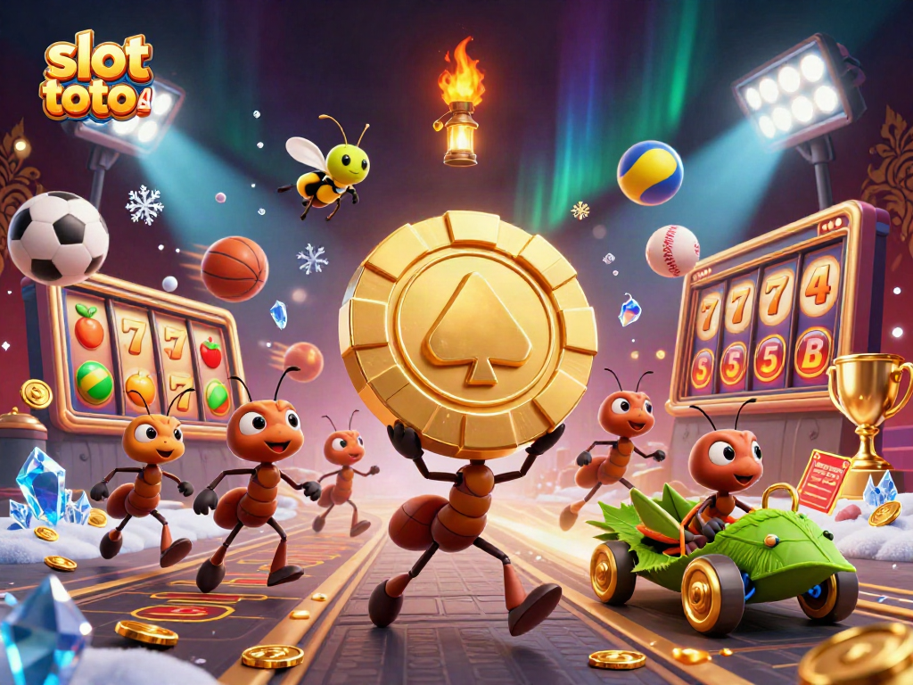 Experience thrilling action in slot toto 4d with ants on a heist and gold coins in a vibrant casino scene.