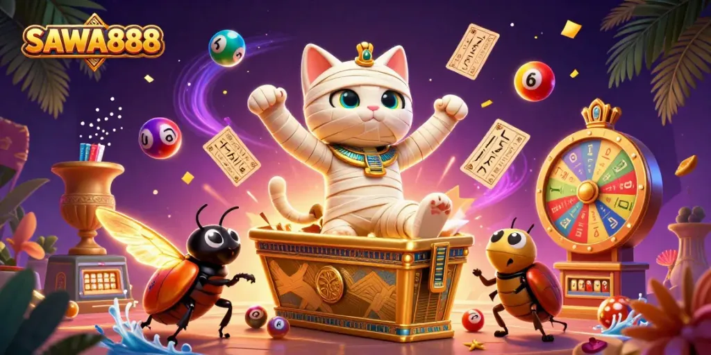 Engage with SAWA888 in a vibrant 3D casino scene featuring dynamic lottery elements.
