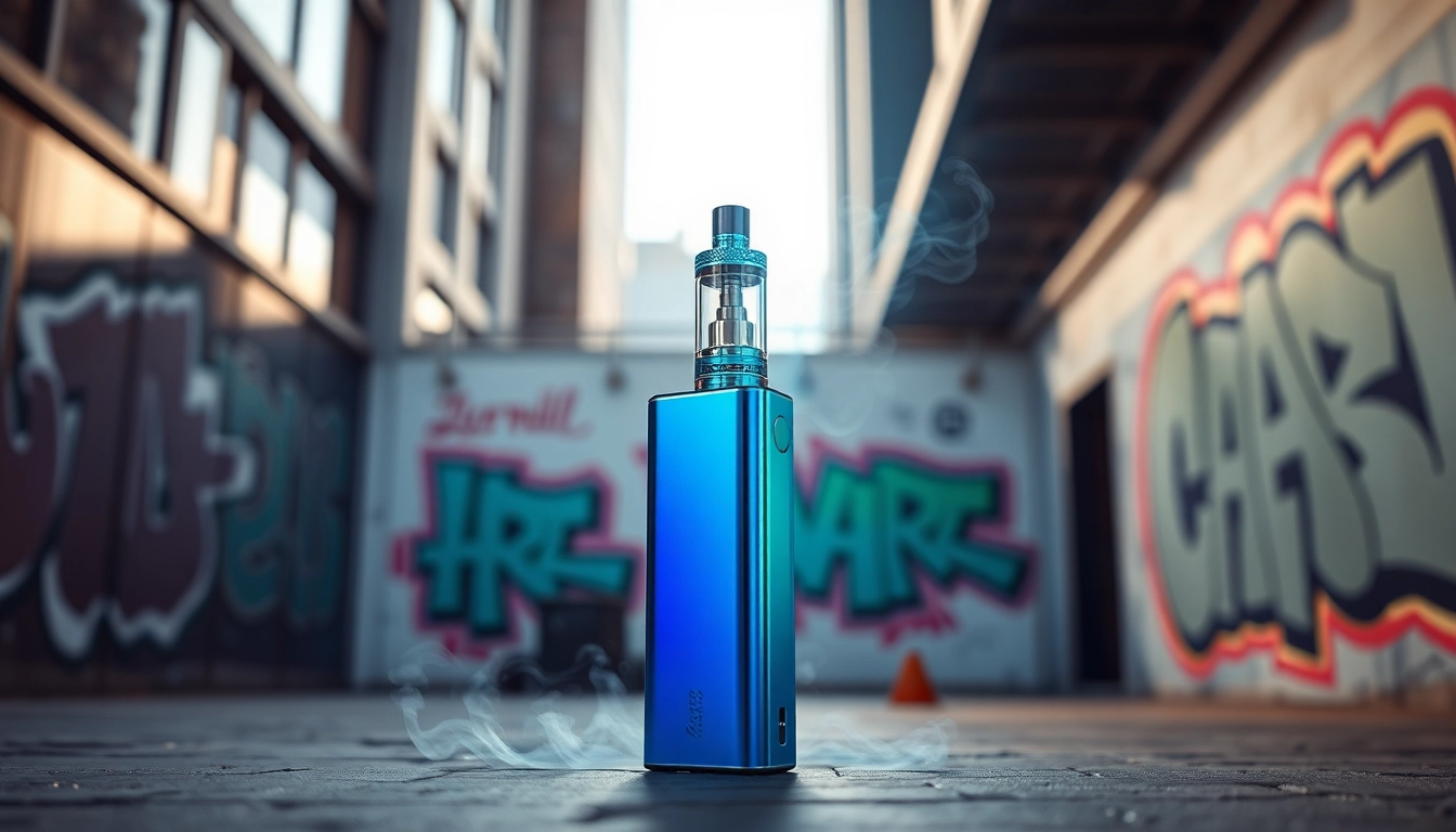 Showcasing air bar vape device in an urban setting with vibrant colors.