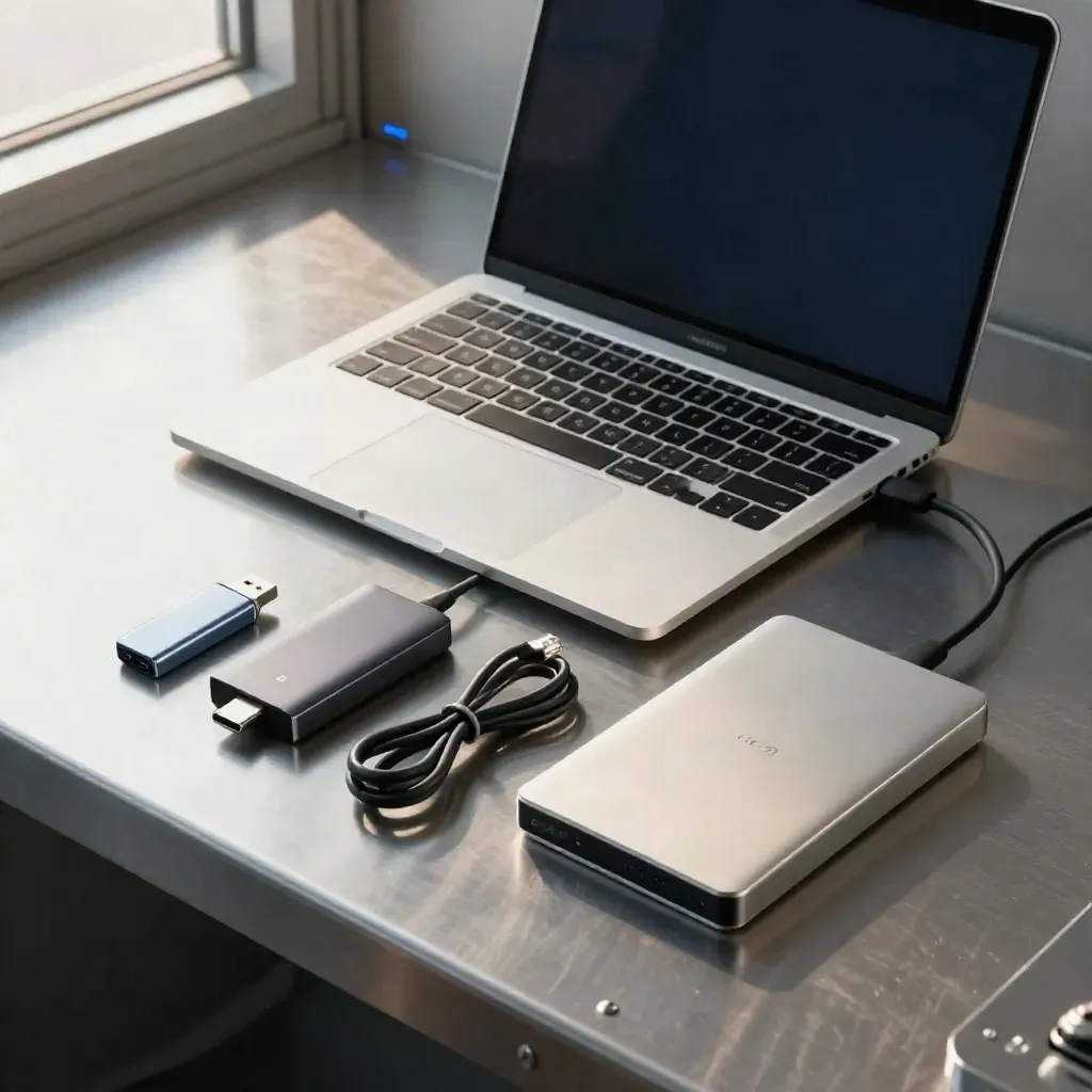Overhead flatlay of laptop, installer USB, dock, Ethernet cable and SSD on a steel bench.