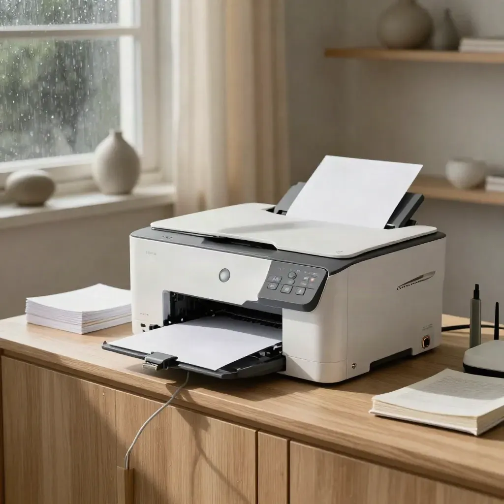 Printer on a home office credenza beside a router, tray ajar after a paper jam clears.
