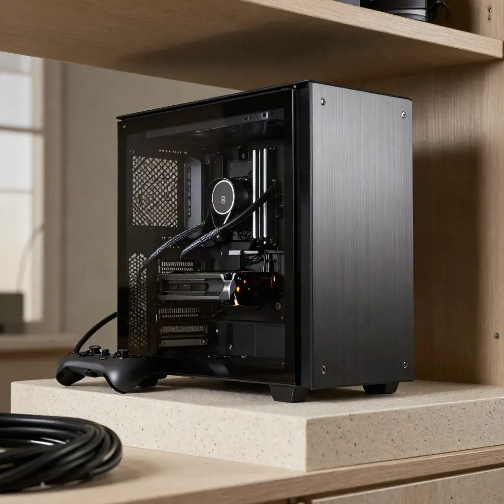 Gaming PC tower glowing white after a driver refresh, with controller and braided cable in haze.