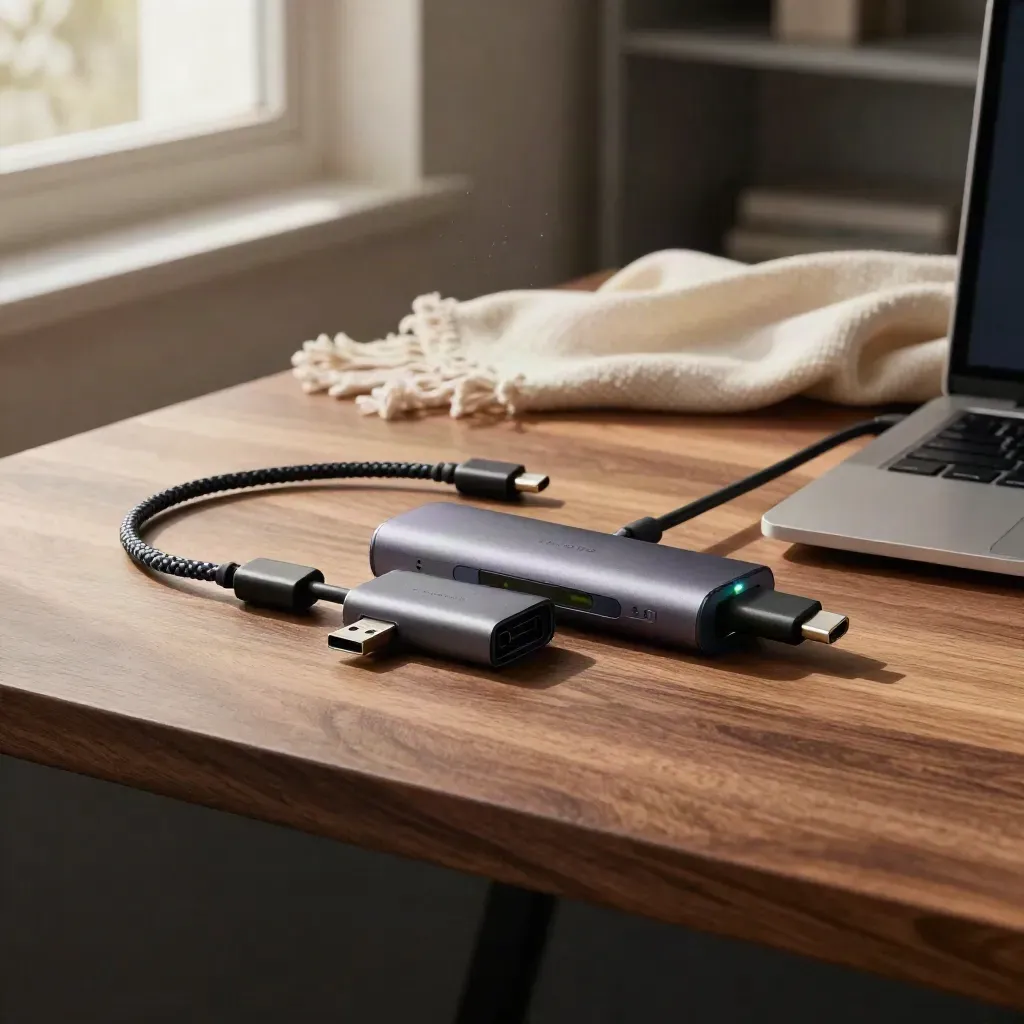 USB-C hub, braided cable, flash drive and adapter beside a laptop edge in warm window light.