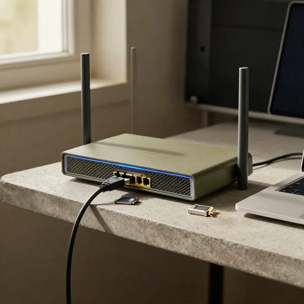 Mesh router, Wi‑Fi card, laptop, and Ethernet lead in a moody reset state