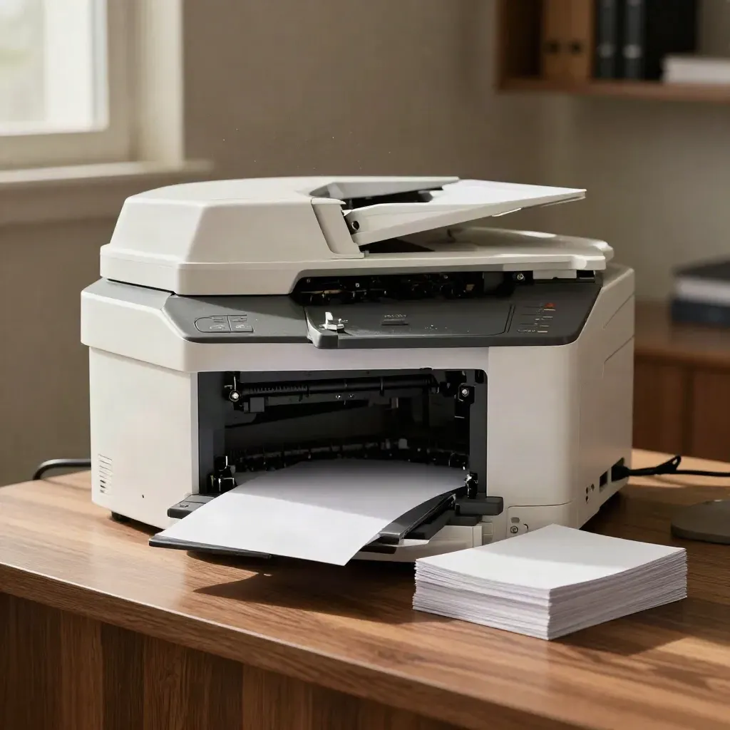 Open office printer after a paper jam, with paper stack and soft haze beside it.