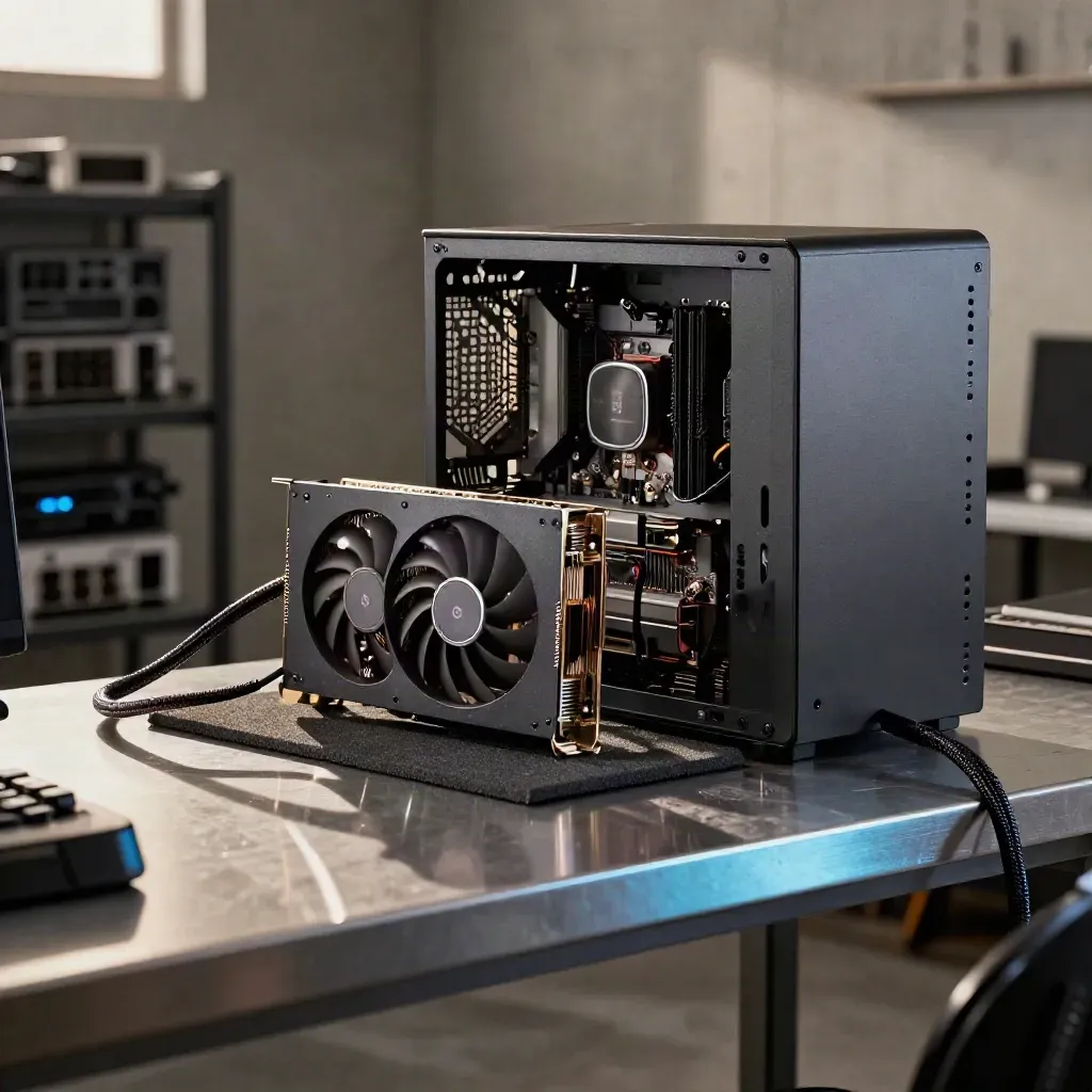 Glowing desktop GPU beside an open tower in a hazy PC repair bay