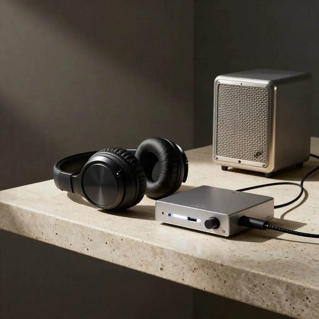 Headphones beside a USB audio interface and small speakers on a stone shelf, lit by a cool beam.