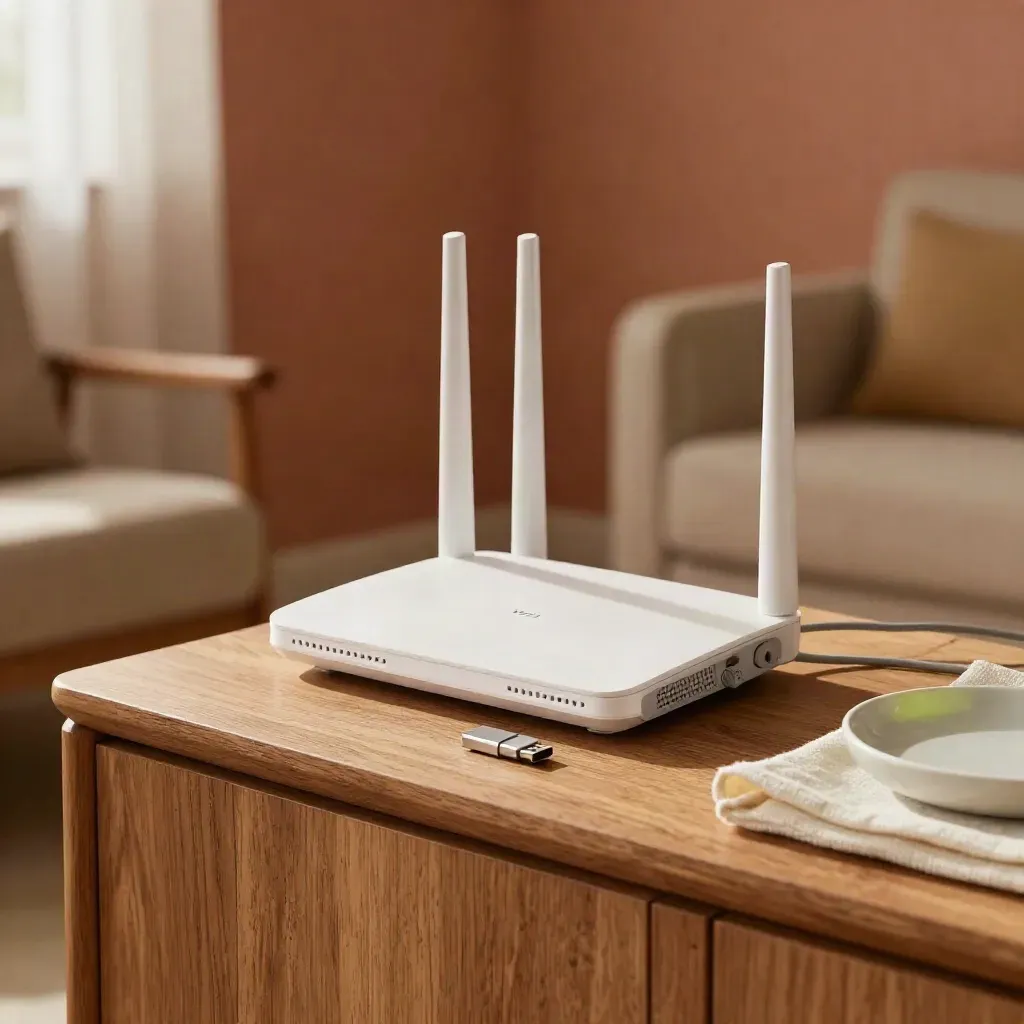 Wi‑Fi router, modem, and firmware USB stick on a warm oak console in soft window light.