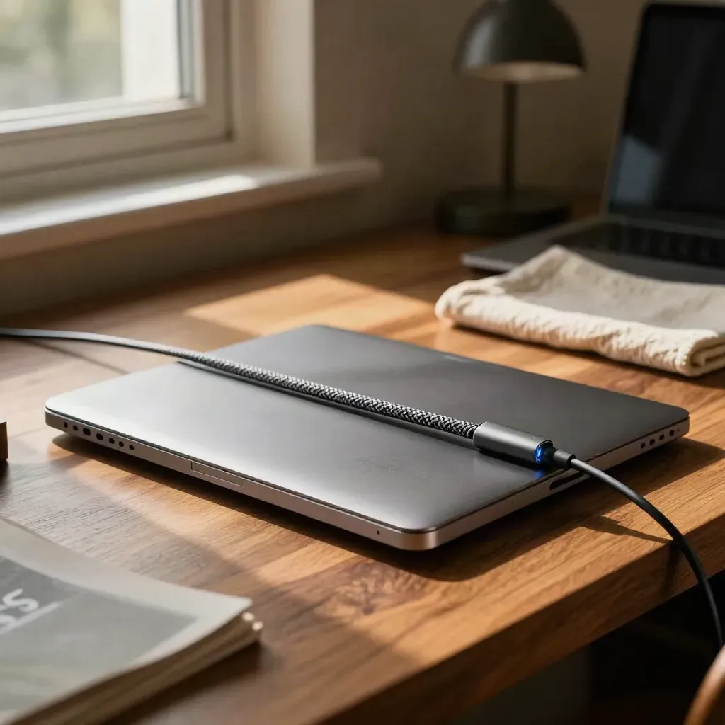 Low-angle close-up of a laptop trackpad, charging cable and folded cloth in warm afternoon light.