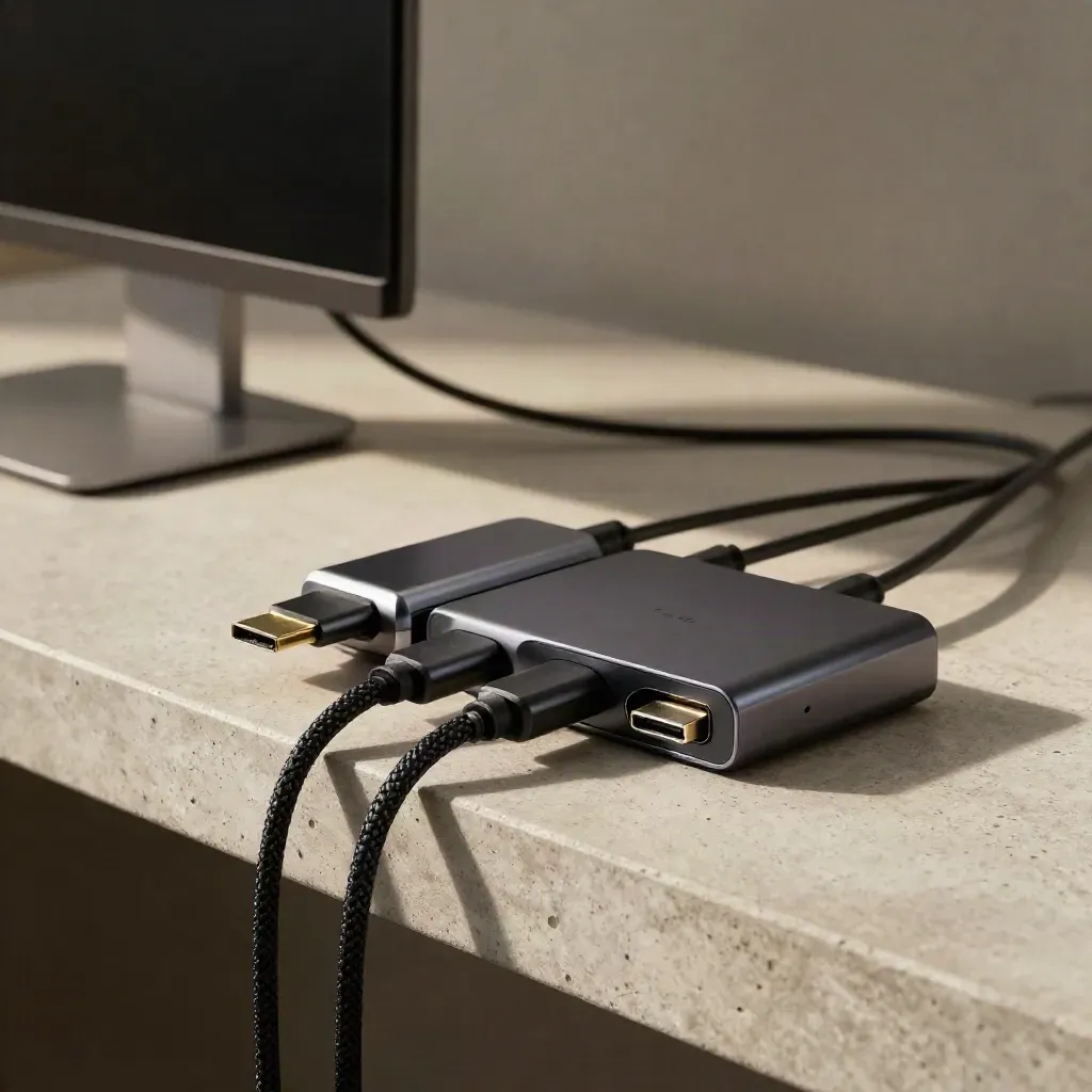 USB-C dock cluster with HDMI, Ethernet, and monitor cables in dramatic low light
