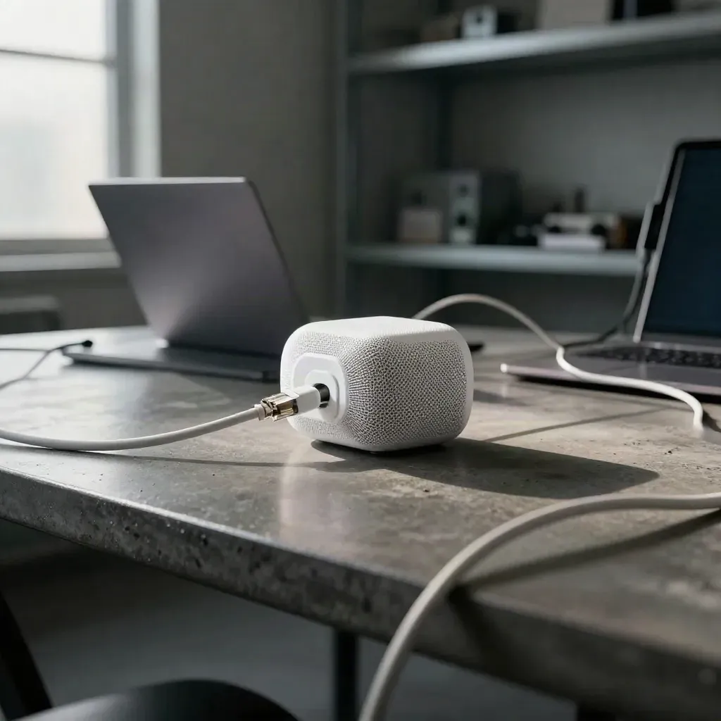 Mesh node, open laptop, and coiled Ethernet cable on a dark tabletop in cool mist.