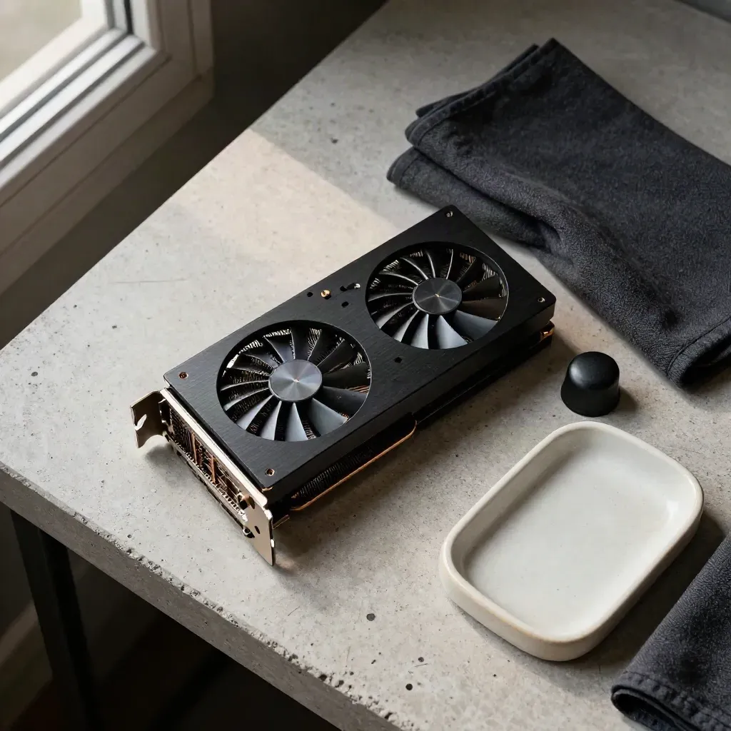 Top-down flat lay of a graphics card, thumbstick cap, cloth, and tray on a matte concrete surface.