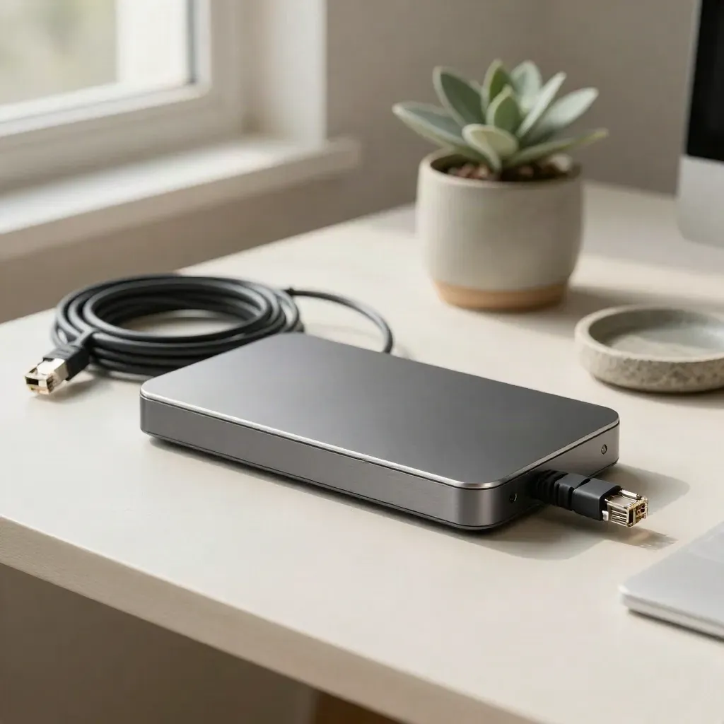 Desktop dock with Ethernet coil, plant, and stone dish on a pale plaster sweep.