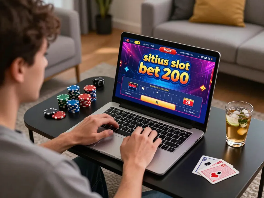 Engaging gaming session showing situs slot bet 200 on a laptop screen while placing bets, creating excitement.