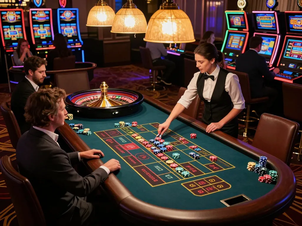 Players engaging in roulette at an upscale casino table, illustrating mb88's dynamic gaming options.