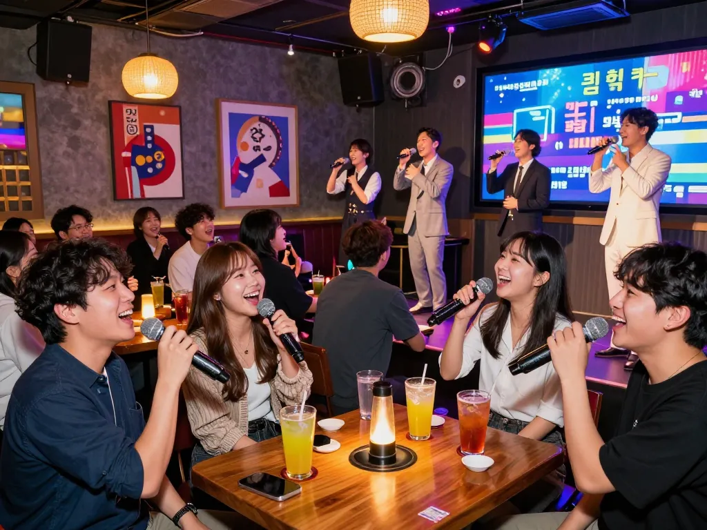 Dynamic 제주도유흥 experience in a lively karaoke bar with friends enjoying drinks and performances.