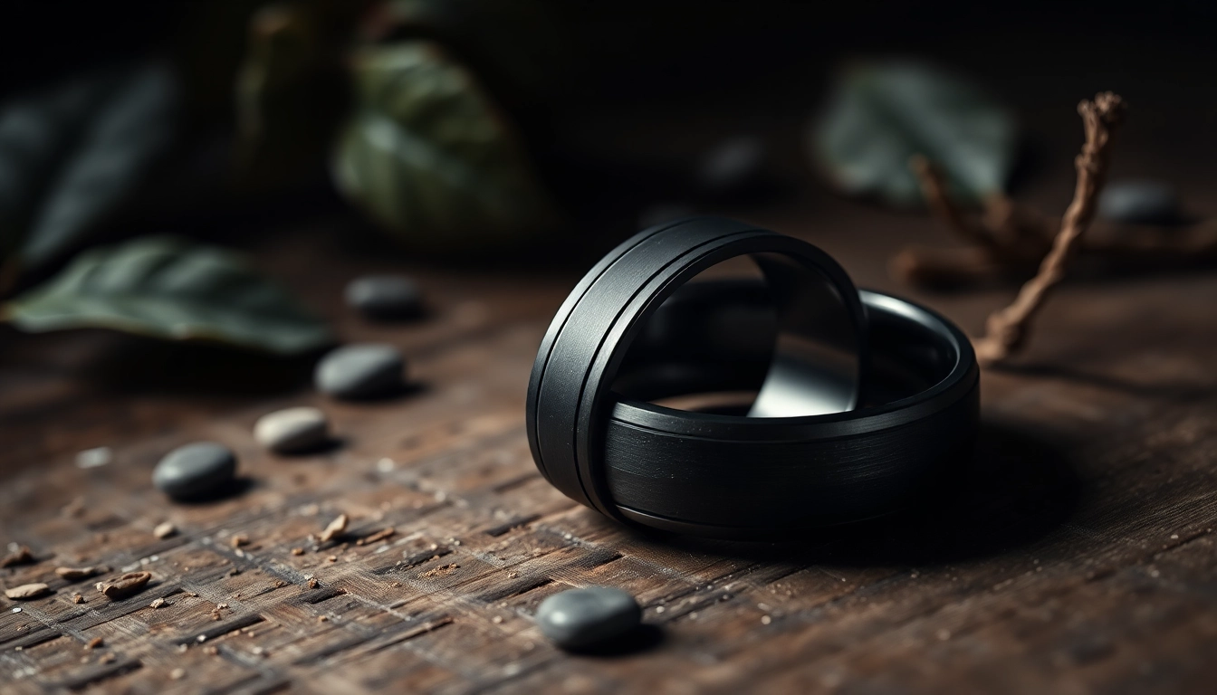 Showcasing elegant Black Wedding Rings for Men with detailed craftsmanship on a wooden backdrop.