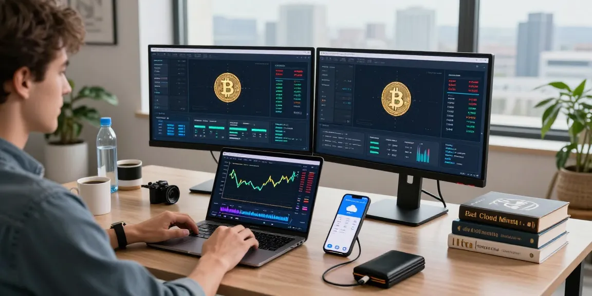 Bitcoin cloud mining workspace featuring dual monitors analyzing cryptocurrency data and mining performance in a secure setting.