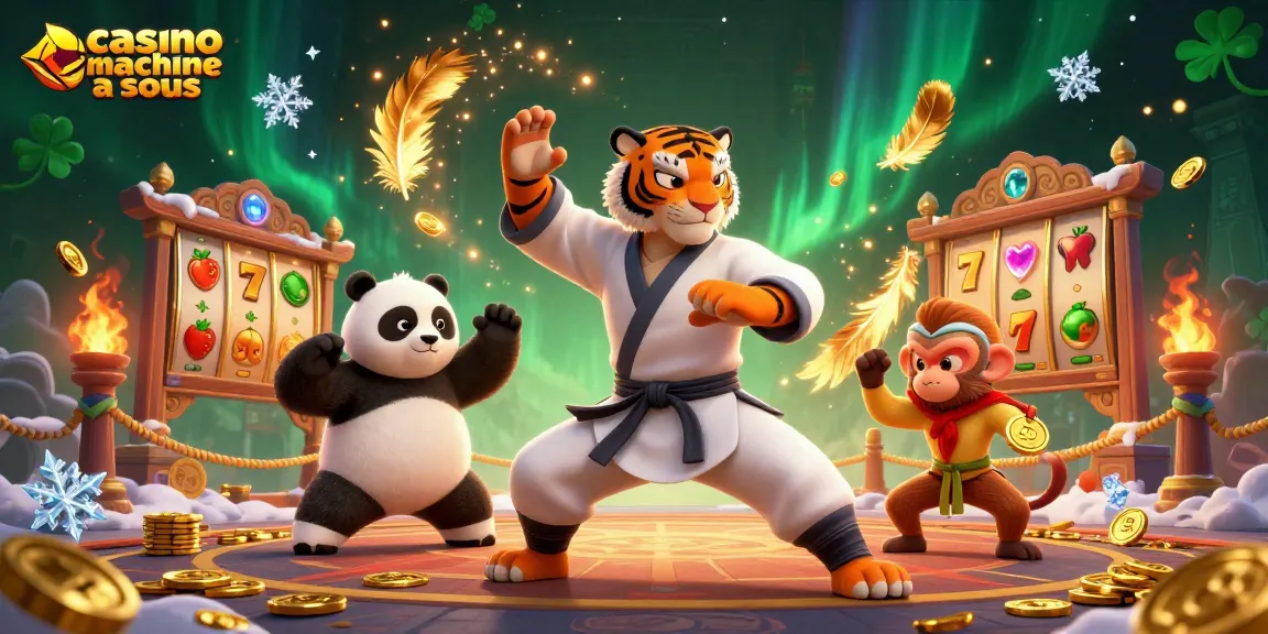 Plongez dans l'univers des machines à sous avec Casino machine à sous, un tigre maître kung-fu en action entouré de symboles dorés.