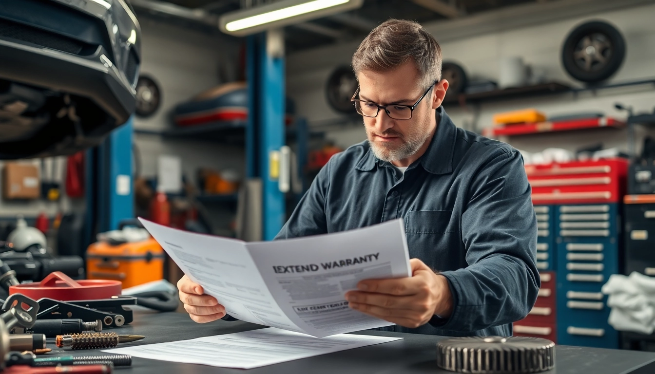 Understanding an extended auto warranty document in a workshop full of tools.