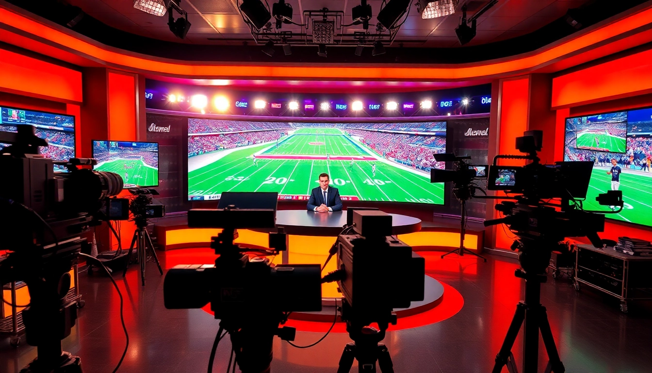 Engaging scene of Sports Broadcasting with a host discussing live events and vibrant studio setting.