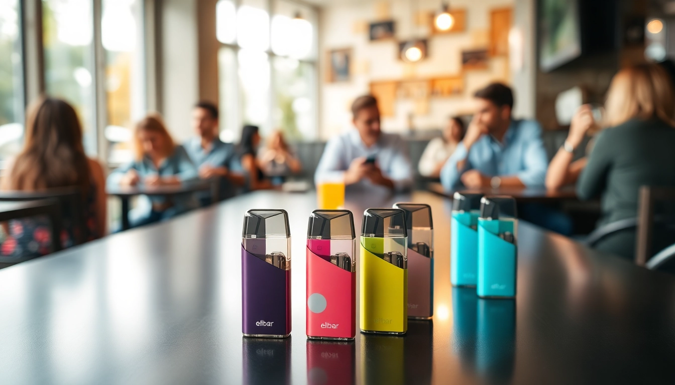 Faszinierende elfbar pods in einem stilvollen Café-Setting, die Vaping-Geschmackserlebnisse versprechen.