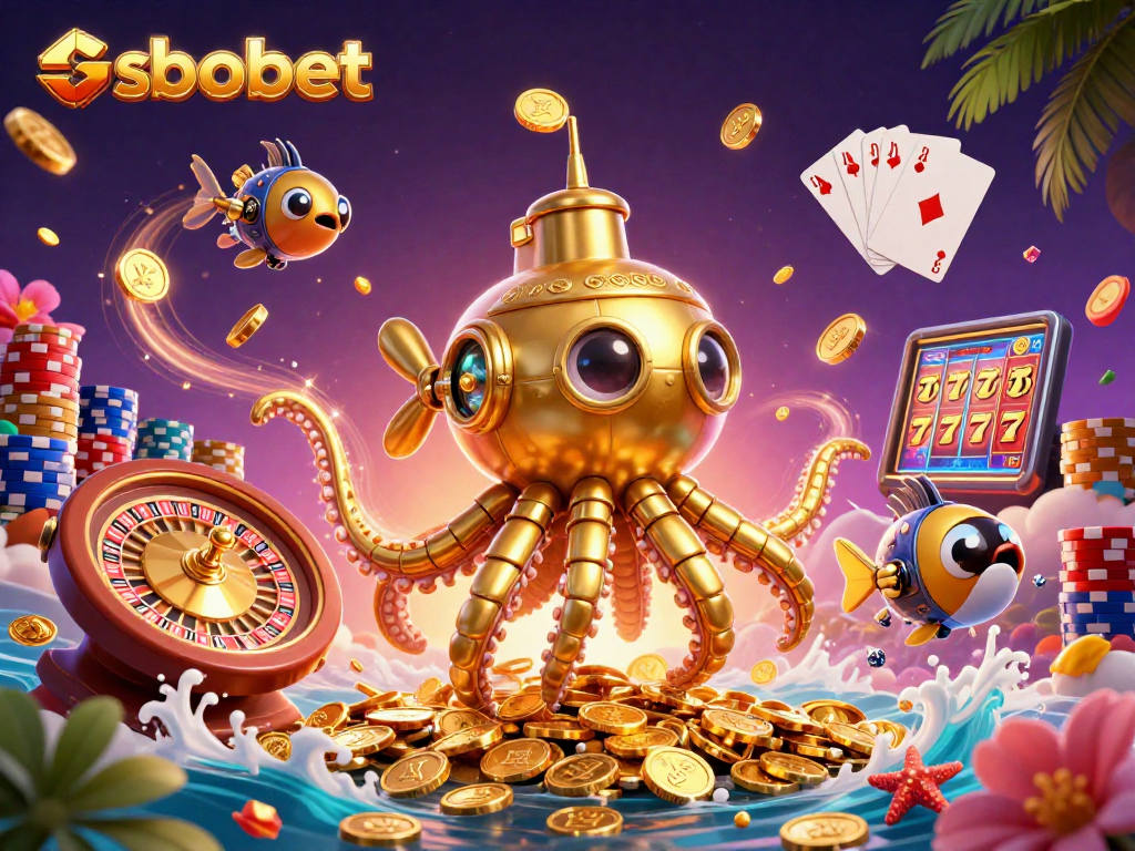 Experience sbobet excitement with a golden kraken submarine surfacing through coins.