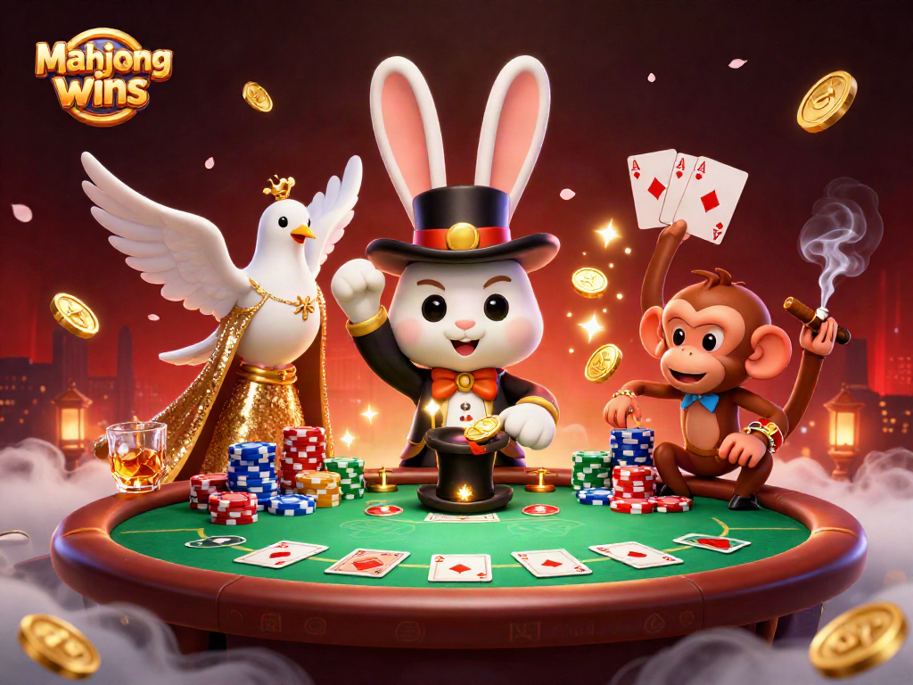 Experience mahjong wins as a magician rabbit conjures coins amidst a vibrant casino scene.