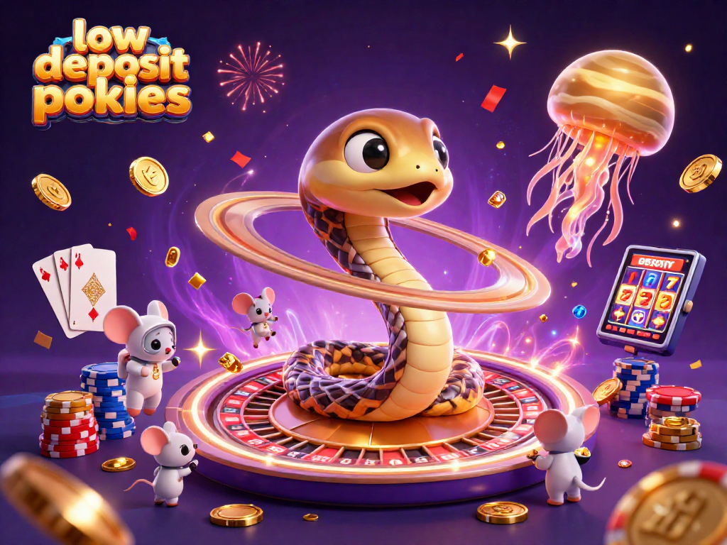 Engage in low deposit pokies gaming action with vibrant 3D casino character scene.