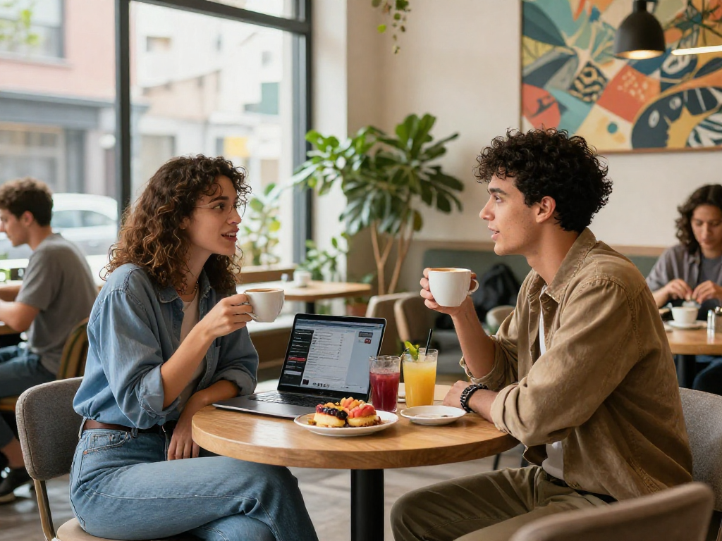 Friends enjoying coffee and conversation, capturing the essence of a crush on friendship in a vibrant café setting.
