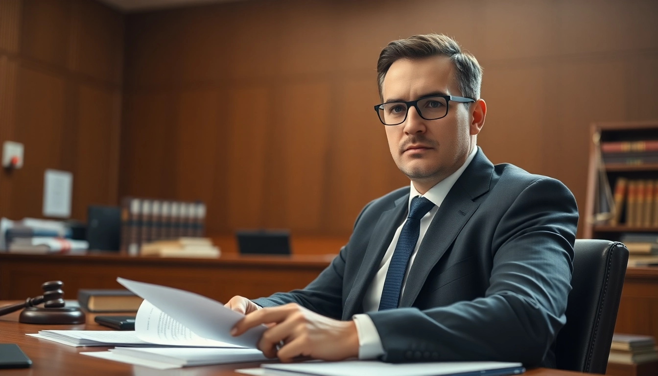 Soudní překladatel diligently translating legal documents in a courtroom setting.