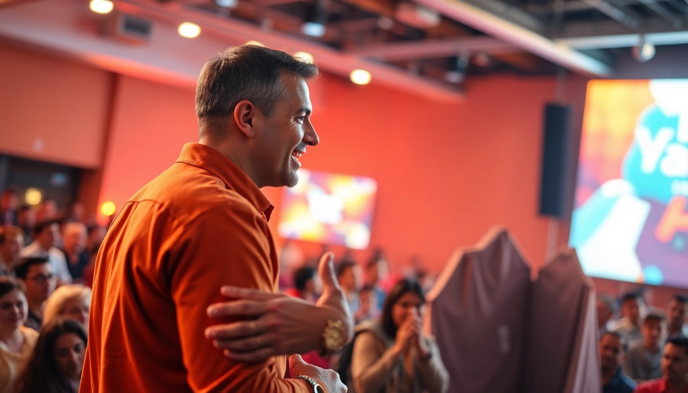 Inspiring motivational speaker captivating an audience with dynamic engagement.